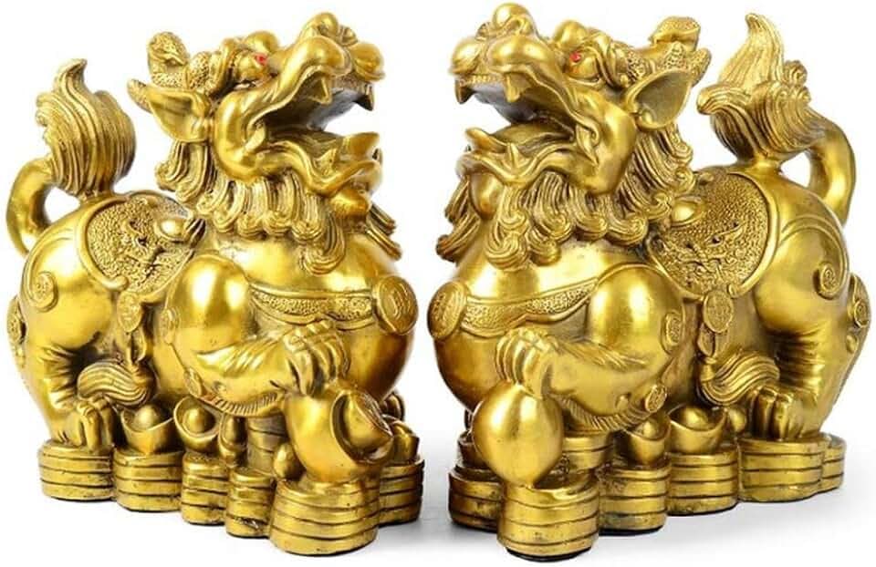 Feng Shui pixiu Brass Decor Statue A Pair Chinese Home Decoration pi yao Wealth Sculpture Attract Money and Good Luck Figurine Golden(5.51" L x 2.75" W x 4.3" H )