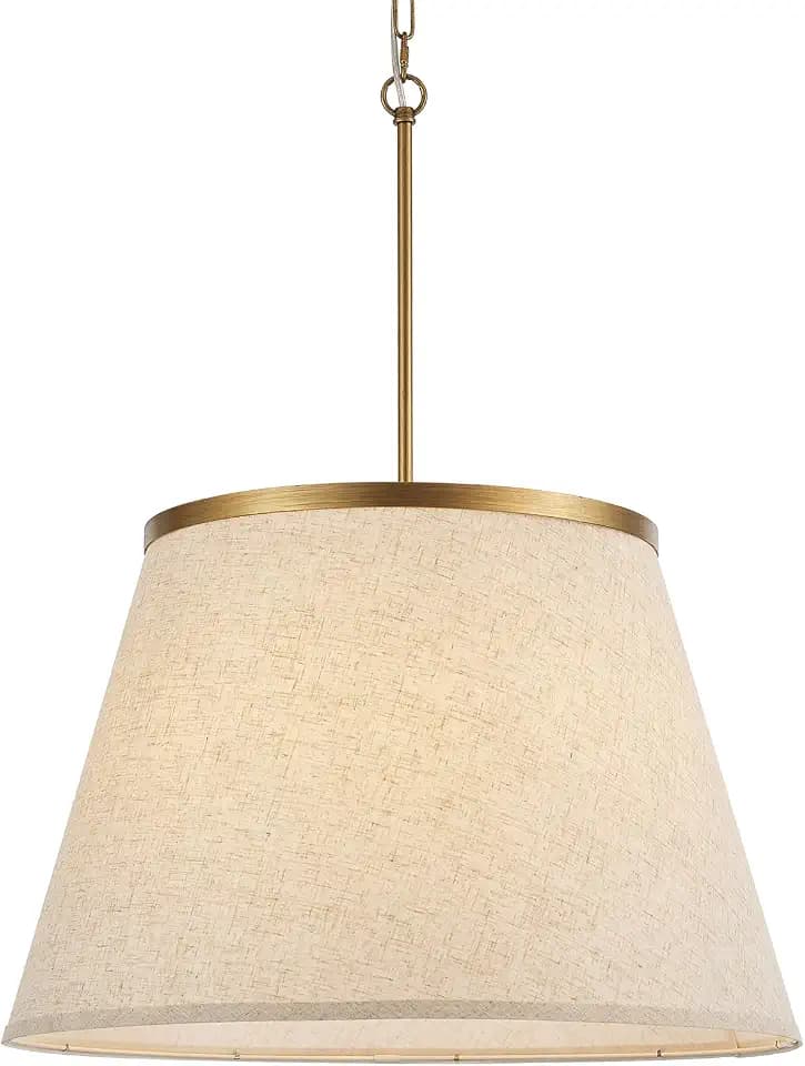 24" Boho Chandelier, Tapered Fabric Drum and Antique Gold Accents Paint Finish Shade Pendant Lighting for Nursery Room Dining Room Living Room Kitchen
