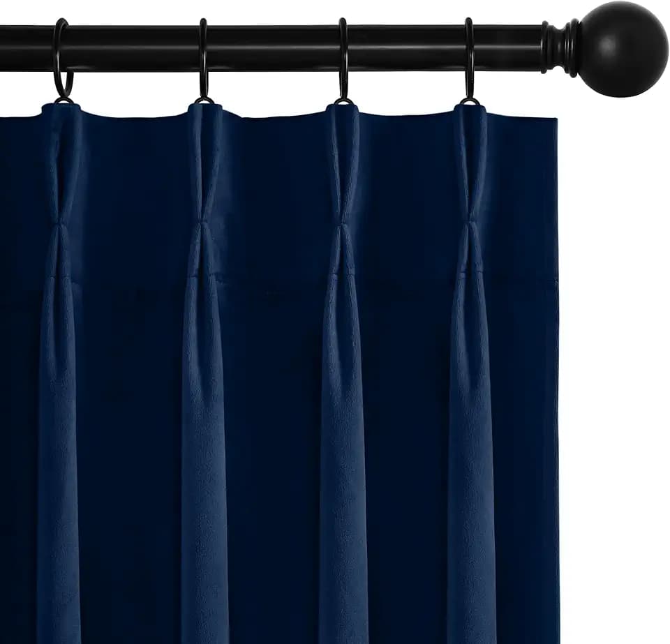 RYB HOME Navy Blue Pinch Pleated Velvet Blackout Curtains Thermal Insulated