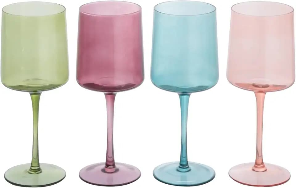 Creative Co-Op Hand Blown Stemmed Wine Glasses, 14 Ounces, 4 Assorted Colors Glassware, Multi