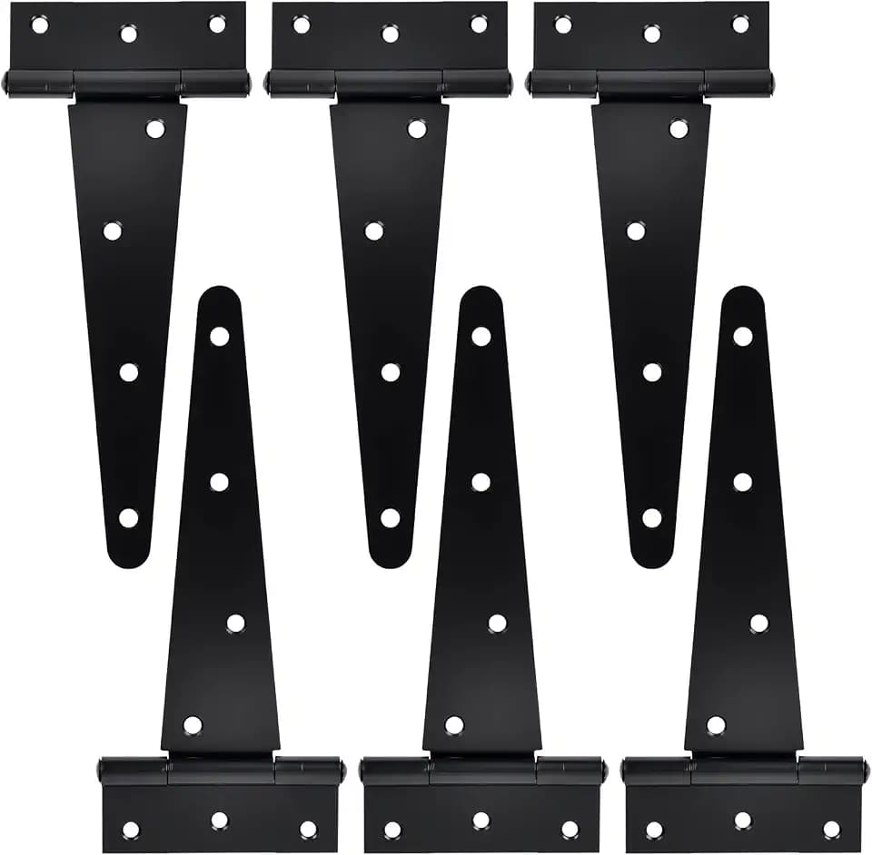 HOSOM 6 Pack Heavy Duty Hinges, 8 Inch T Strap Hinge for Wood, Shed Tee Hinge, Outdoor Gate Black Hinges for Barns and Wood Fence, Screws Included