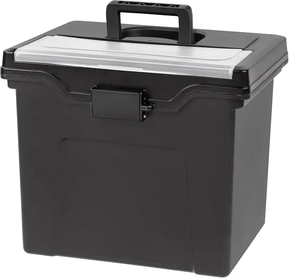 IRIS USA File Box Organizer with Lid, Letter File, Portable Handle, Black