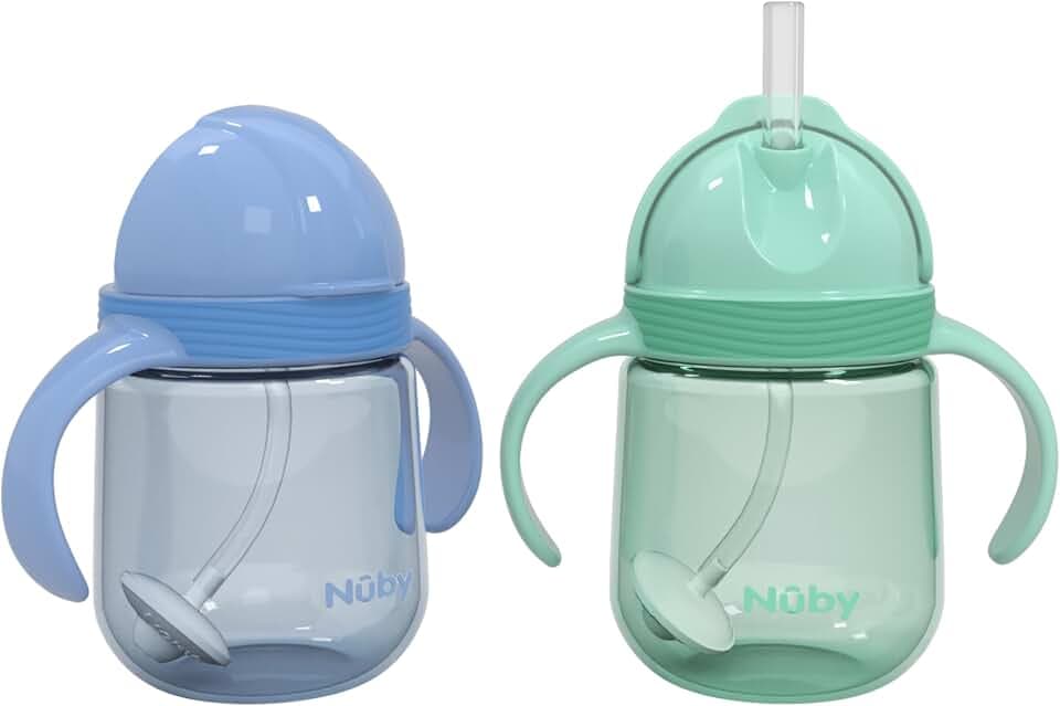 Nuby No-Spill Clik-it Silicone Straw Toddler Cup - (2 Pack) 8 oz - 360 Weighted Straw Toddler Sippy Cup for 1+ Year Old - Blue/Mint Green