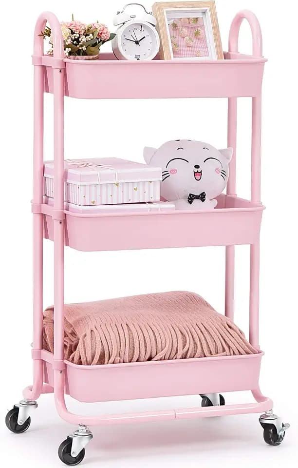 TOOLF Utility Cart, 3 Tier Rolling Storage Cart with Wheels, Storage Organizer for Lash Makeup Diaper Baby Nursery, Serving Baskets Trolley for Home, Office, Kitchen, Bathroom (Pink)