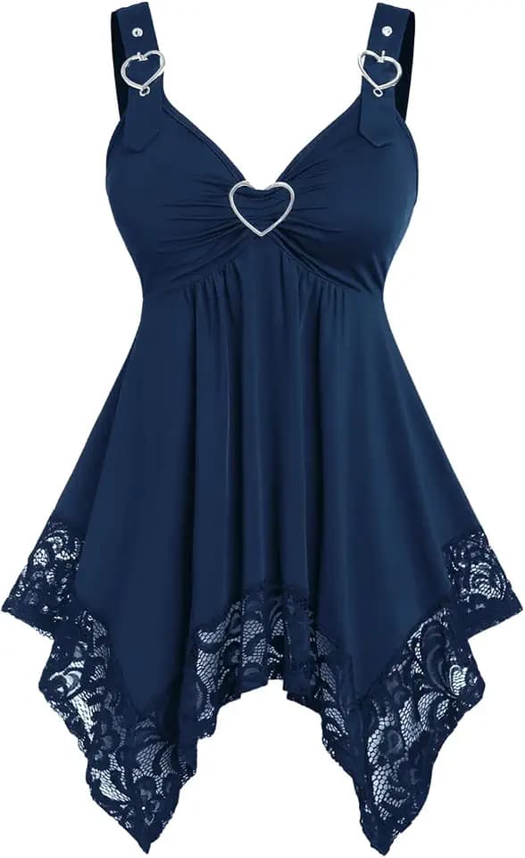 ROSE GAL Plus Size Women Heart Ring Buckled Casual Summer Flowy Lace Handkerchief Hem Tank Top