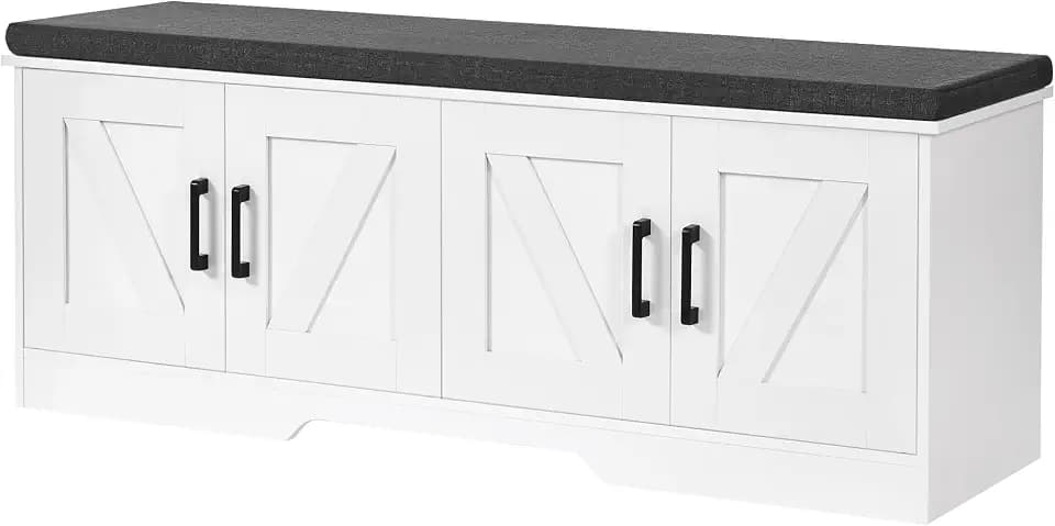 HOMSHO Farmhouse Shoe Storage Bench with 4 Barn Doors & Padded Seat Cushion