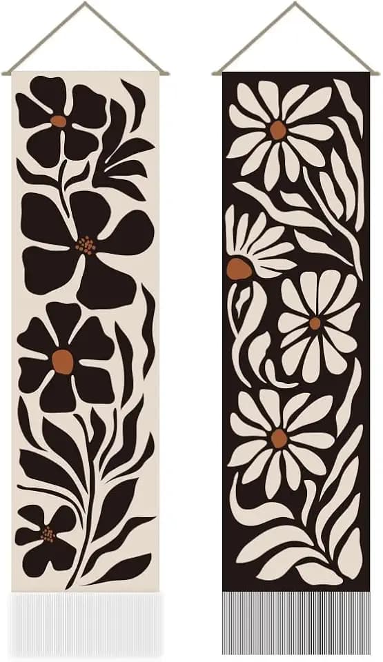 AHANDMAKER 2Pcs Abstract Flowers Tapestry, Abstract Daisy Long Vertical Wall Hanging, Simple Flower Tassel Wall Tapestry Mystic Aesthetic Tapestries for Bedroom and Living Room(45.7x13 Inch)