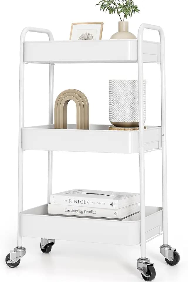 TOOLF 3 Tier Metal Rolling Cart, Utility Storage Cart with Wheels, White