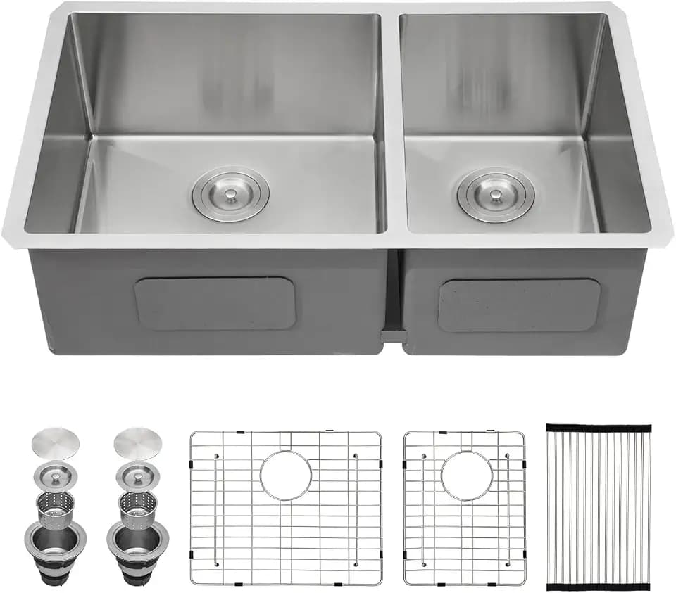 Sarlai 33 Undermount Kitchen Sink Double Bowl - 33x19 Inch Kitchen Sink Undermount 60/40 Stainless Steel 16 Gauge Round Corner Double Basin Under Counter Sinks Basin