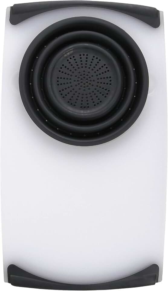 Dexas Over the Sink Poly Cutting Board with Collapsible Colander Strainer, 11.5 x 20", Natural/Gray