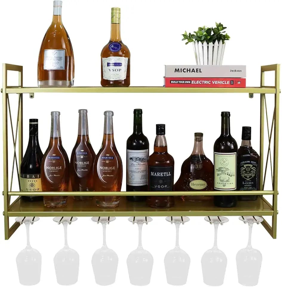 Industrial Wall Mounted Wine Racks with Glass Holder, 31.5in Rustic Metal Multipurpose Shelves, 2-Tiers Wall Mount Hanging Wine Holder Wine Accessories, Bottle Holder Glass Rack Wall Shelf