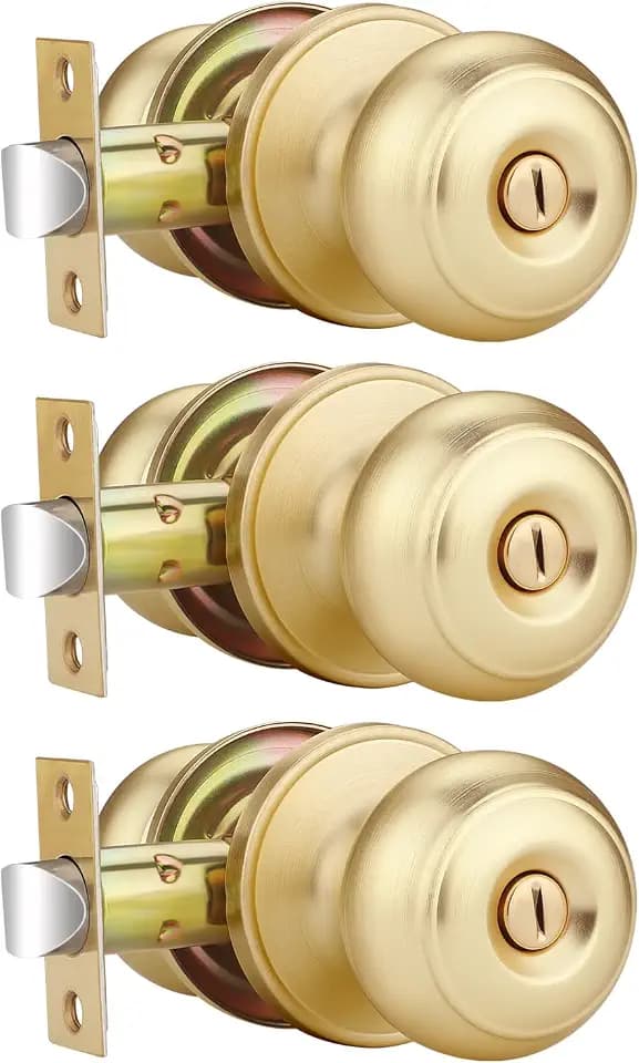 EHOMEWARE 3 Pack Brushed Brass Door Knobs, Privacy Door Knobs Interior