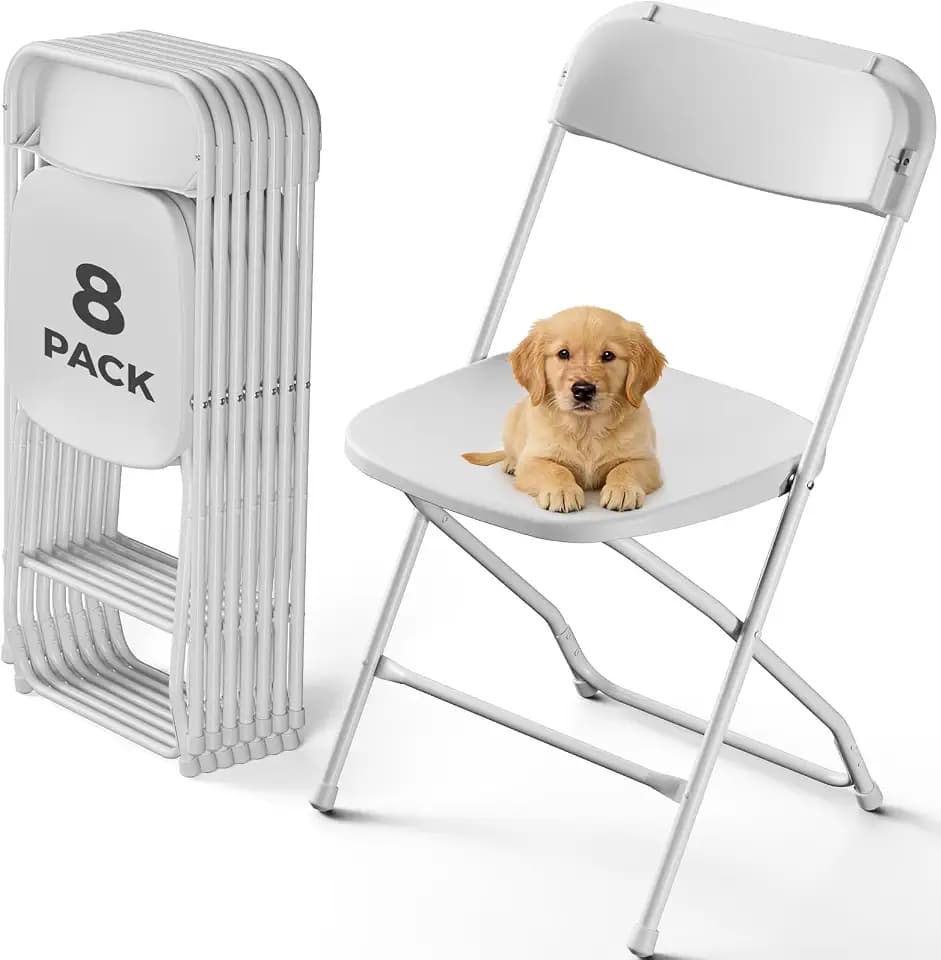 White Folding Chairs 8 Pack, Plastic Folding Chairs for Outside, Heavy Duty Foldable Chairs, Sturdy Metal Folding Chairs, 350 lbs Capacity, for Patio, Garden, Party