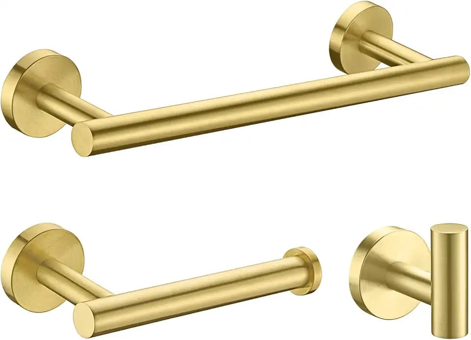 Nolimas 3-Pieces Brushed Gold Bathroom Hardware Set SUS304 Stainless Steel Round Wall Mounted Includes 12" Hand Towel Bar,Toilet Paper Holder,Robe Towel Hooks,Bathroom Accessories Kit