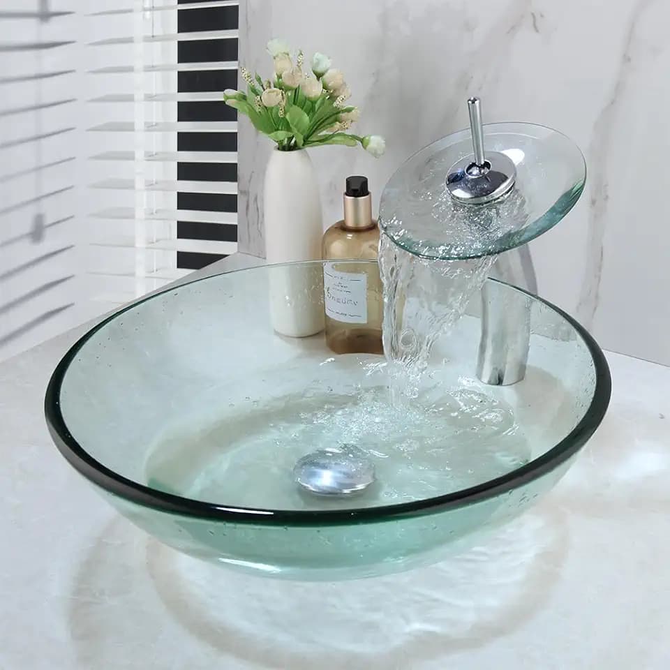 17" Round Clear Glass Vessel Sink Set