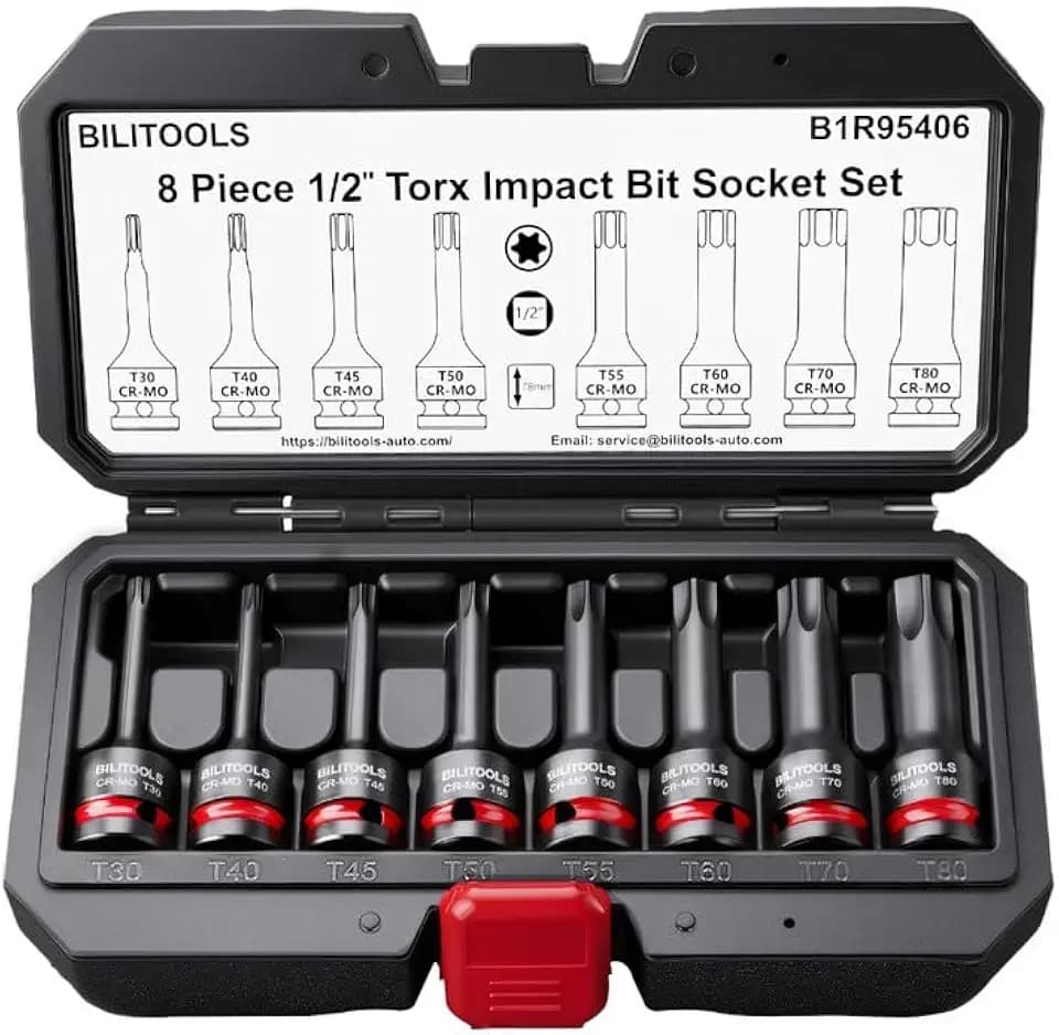 BILITOOLS 8-Piece Impact Torx Bit Socket Set, 1/2 Drive, T30-T80, Cr-Mo