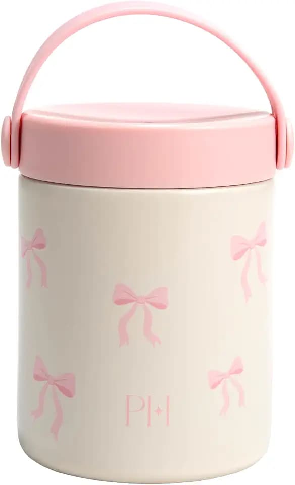 Paris Hilton Double Wall Stainless Steel Food Jar, Vacuum Insulated Leakproof Thermal Lunch Container with Printed Pink Bow Design, Keeps Food Hot or Cold for Hours, 15-Ounce, Marshmallow Dreams White