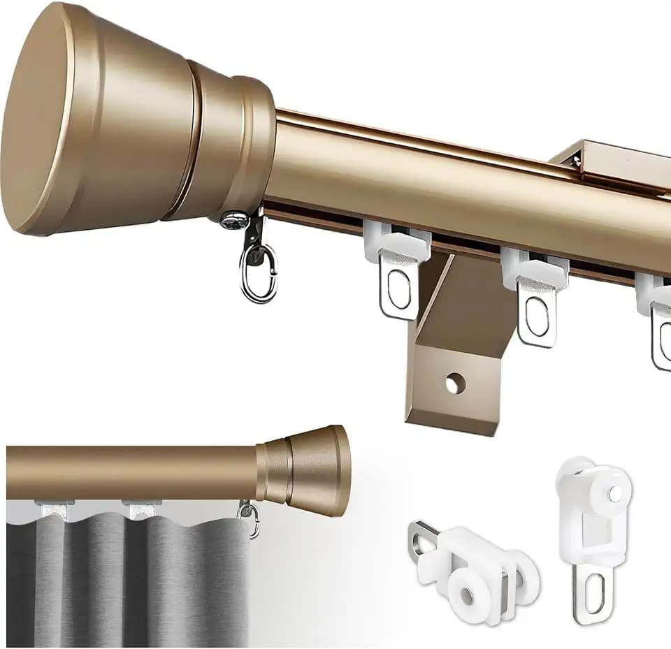 Single Curtain Track for Windows, 1.2m(3.9ft) Wall Mounted Heavy Duty Decorative Curtain rail with End Caps, Aluminum Brackets, Silent Wheels Easy to Install for Bedroom Living Room(Gold)