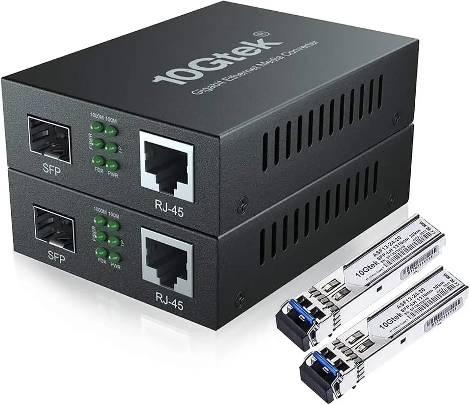 10Gtek [2 Stück Gigabit Ethernet Medienkonverter, SFP Slot mit SFP LX Modul, Single-Mode Dual LC Faser, 1310nm, 20km