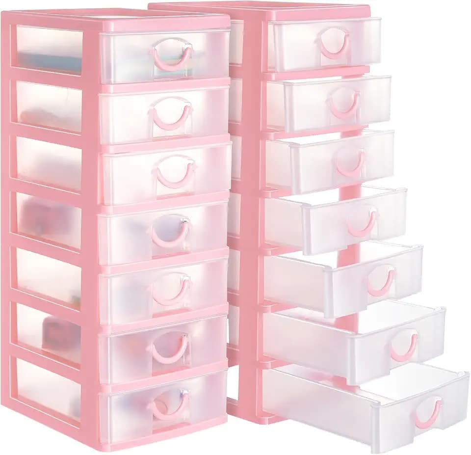 Thyle 2 Pcs Small Parts Organizer Drawers Stackable 7-drawer Box, Pink