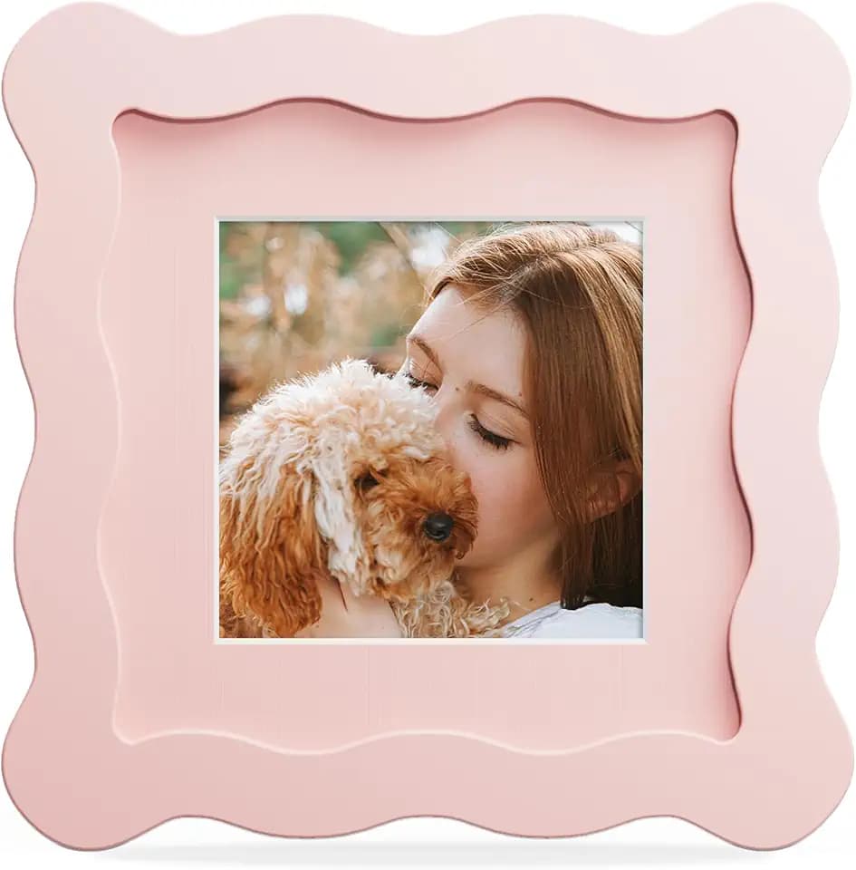4x4 Picture Frame with Mat for 3x3, Wavy Edge Wooden Real Glass Photo Frame for Tabletop and Wall Hanging, Pink, 1 Pack