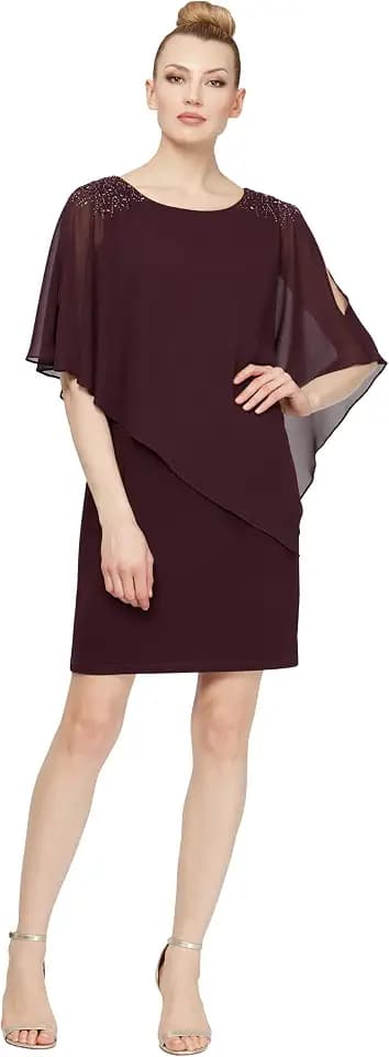 S.L. Fashions Women's Short Chiffon Beaded Capelet Dress (Petite and Regular)