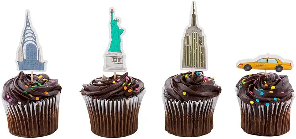 Top Cake NYC Cake Toppers, 24 Piece Assorted New York Cupcake Toppers - For Birthday Parties Or Weddings, New York City Theme Cake Decorations, Paper Statue Of Liberty Cake Toppers - Restaurantware