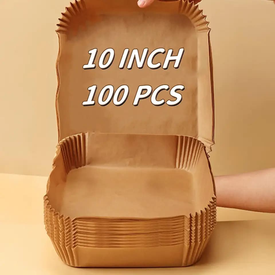 10 Inch Air Fryer Liners Disposable, 100PCS Air Fryer Paper Liners, Oil-Proof & High-Temperature Resistant Parchment Baking Paper for Air Fryer, Microwave and Oven(Bottom Is 9 Inch)
