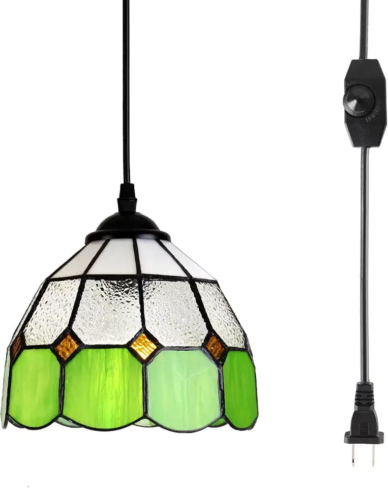 HuisMier Tiffany Style Plug in Pendant Light, Green Mini Chandelier with 15 Ft Hanging Cord and On/Off Dimmer Switch, Vintage Swag Ceiling Lamp for Dining Room Bedroom Living Room Porch, 7.9" Width