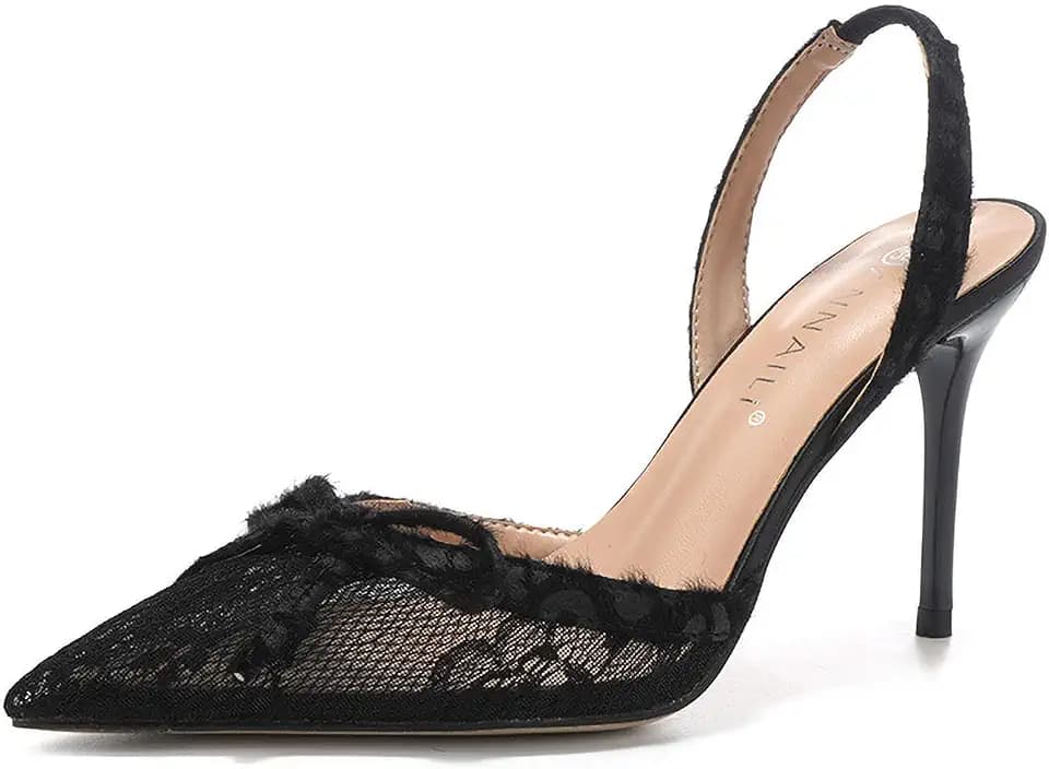 Women's Lace Bow Slingback Stiletto Sandals Sexy Closed Pointed Toe Mesh Slip On High Heels Backless Pumps for Wedding Party Date Evening Dress Shoes