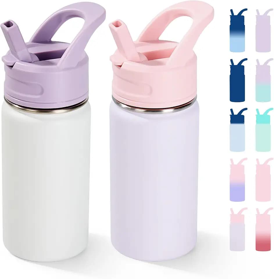 Fijinhom 12oz Water Bottle for School, Bottles with Straws, Stainless Steel Vacuum Insulated Water Bottle, Leak-Proof, BPA-Free, Gentle Purple + Luck