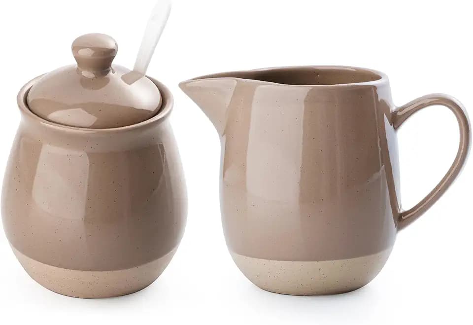 famiware Ceramic 10oz Sugar Bowl & 13oz Creamer Set, Cinnamon Brown