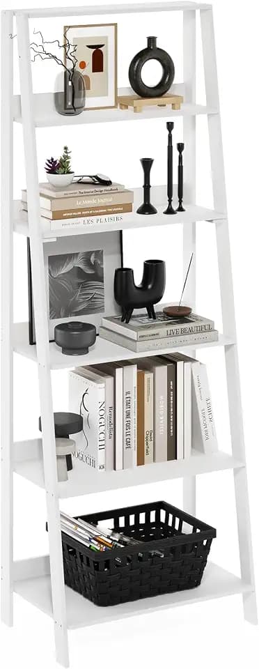 Furinno Ladder 6-Tier Book Shelf, Open Frame Ladder Shelf, White