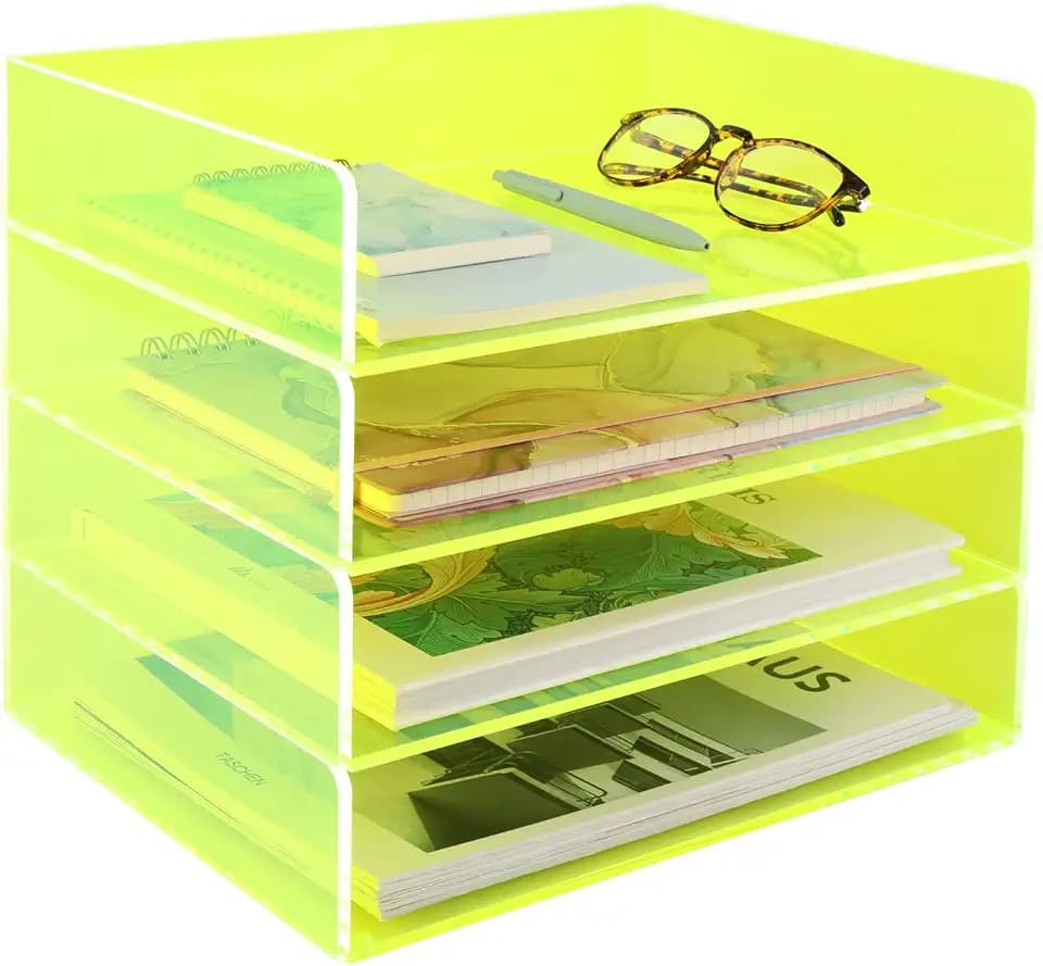 Gelite Acrylic File Organizer for Desk 4 Tiered Stackable Letter Tray Office Paper Storage Desktop Document Sorter, Neon Green