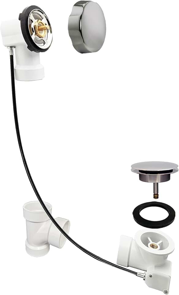 Westbrass D50P45-05 45" Cable Drive Standard Bath Drain Trim Kit with Rotary Overflow Cover Knob, Pop-Up Stopper and SCH. 40 PVC Fittings, Polished Nickel