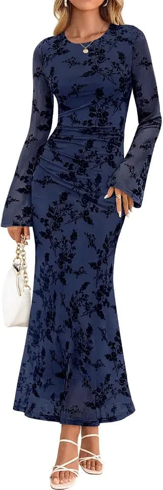 ZESICA Womens Long Sleeve Floral Fall Bodycon Ruched Mesh Maxi Formal Dress