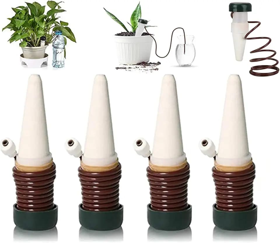 Automatisch Bewässerung Set, 4 Stück Wasserspender für Zimmerpflanzen, Selbstbewässerung Spike, Pflanzen Bewässerungssystem mit Einstellbar, Für Innen- und Außenpflanzen (Weiß)
