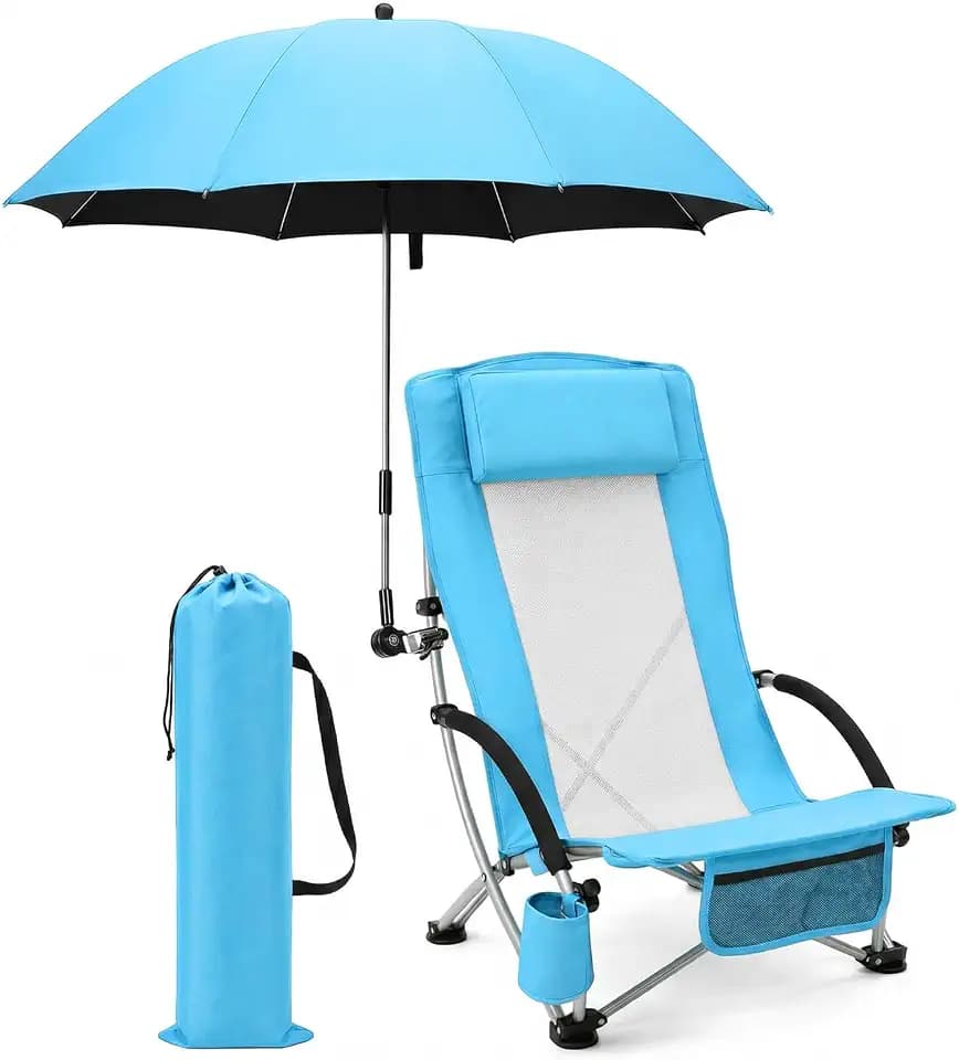 Colingmill 1 Set Low Beach Chair with Umbrella Camping Chair Backpack Folding Recliner Mesh Back with Headrest Cup Holder Carry Bag for Summer Tent Picnics Outdoor Travel Barbecues (Sky Blue)