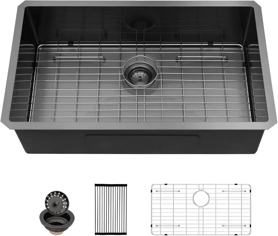 33 Black Kitchen Sink Undermount - Sarlai 33 inch Gunmetal Black Stainless Steel 16 Gauge Undermount Single Bowl Kitchen Sink Basin