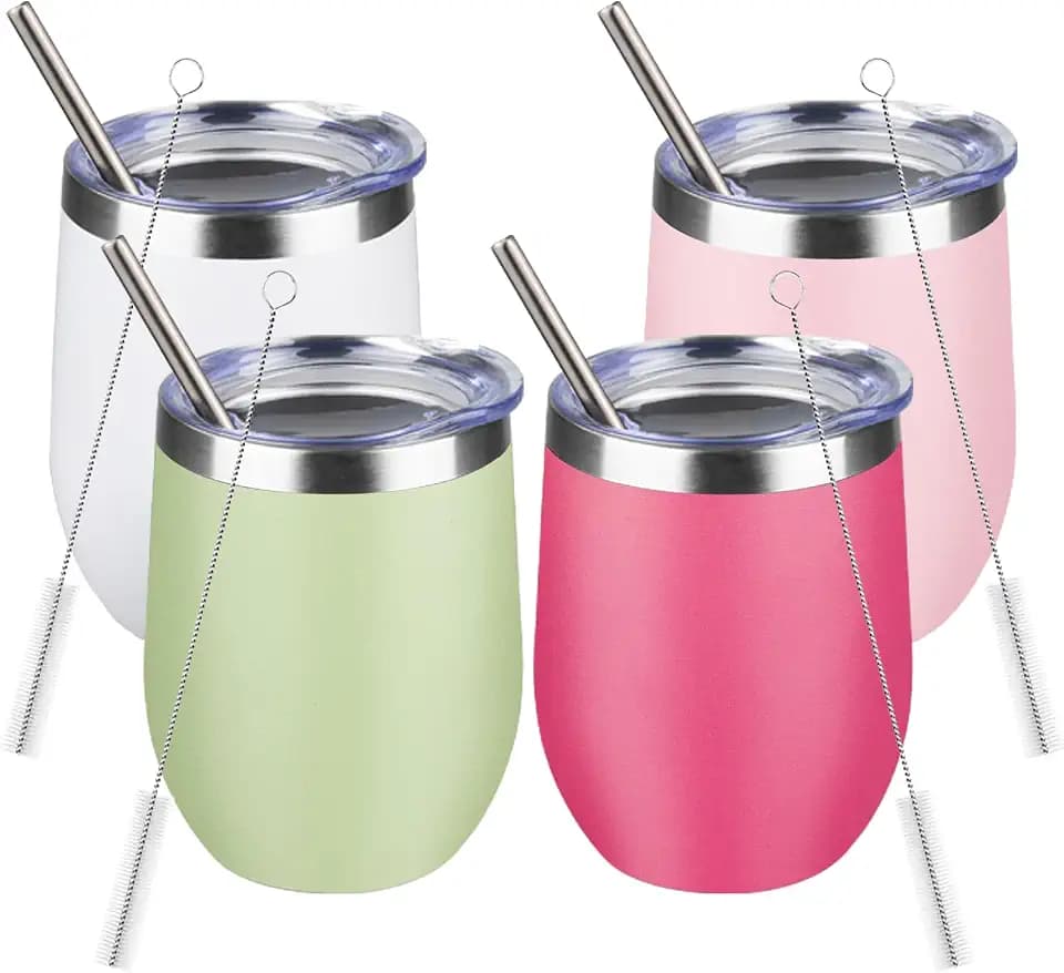 12oz/4 Pack Stainless Steel Wine Tumbler with Lids, Double WallVacuum Stainless Steel Travel Tumbler,Insulated Wine GlassesTravel Tumbler for Cold & Hot Drinks,Cup for Champaign Coffee(Light color)