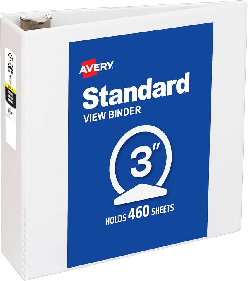 Avery Standard View 3 Ring Binder, 3" Round Rings, 460-Sheet Capacity, 3.5 Inch Wide Spine, 1 White Binder, Ideal for Lightweight Organization and Occasional Referencing (05741)