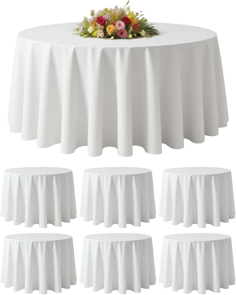 BESTVIP 6 Pack 90" White Washable Round Polyester Fabric Tablecloths | Fits 36"-66" Tables | Polyester Washable Fabric for Wedding Party Dining Banquet, Events, Holiday, Restaurant