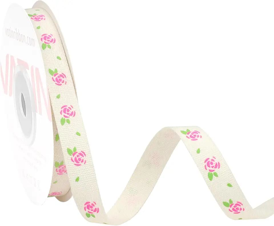 VATIN Mothers Day Ribbon Plain Weave Cotton Ribbon, Printed with Hot Pink Rose & Green Leaf, 3/8 Inch x 12 Yards, for Flower Bouquet, Gift Wrapping, Wedding Decor, Bows Making, Wreath Supplies