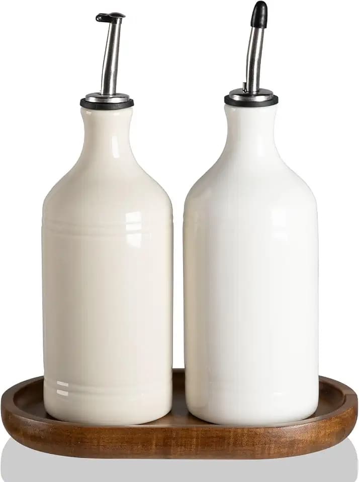 Sweejar Ceramic Olive Oil Dispenser Bottle Set, Opaque Oil Cruet Protects to Reduce Oxidation, Suitable For Storage Of Vinegar, Soy Sauce & Other Liquids,Pack of 2,15.5 Fl Oz (Beige Fogblue)