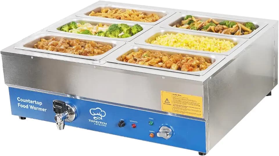 TOPKITCH ETL Listed 6 Pan Commercial Food Warmer, Electric Bain Marie Countertop Stainless Steel Buffet Steam Table for Catering and Restaurants(6×1/3 GN Pan,120V/1700W)