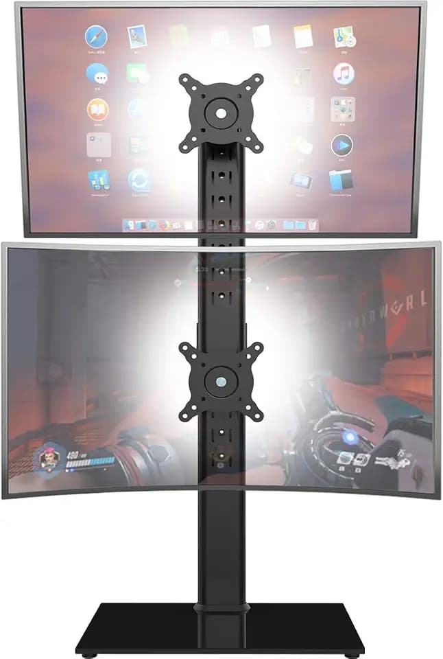 HT05B-002 Ständer für Zwei Monitore, vertikaler Stack Bildschirm, freistehend, passend Bildschirme von 33 bis 32 Zoll (33 Zoll), drehbar, neigbar, höhenverstellbar, hält 1 Bildschirm zu 11 kg