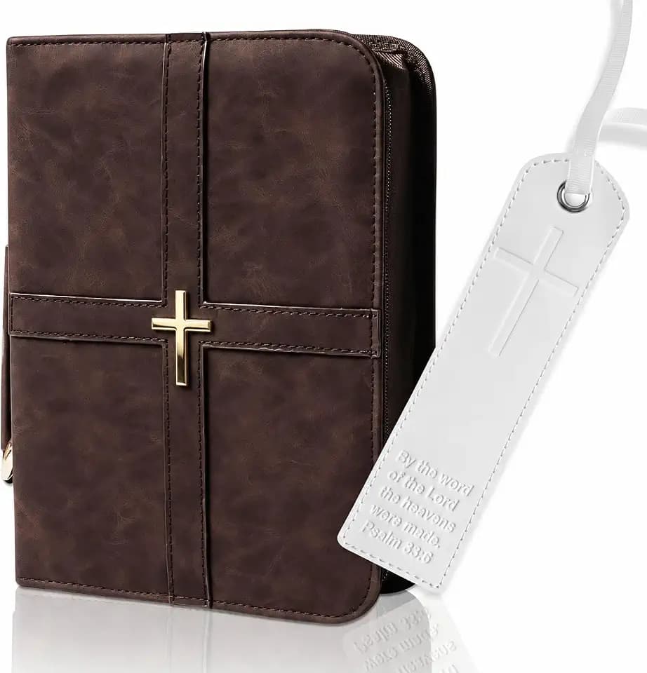 Bible Cover (U.S. Patent Pending), Discreet & Elegant Bible Case, Brown PU Leather Bible Cover, Cross Design Bible Bags, Strong and Sturdy Book Case, Includes Premium Bookmark
