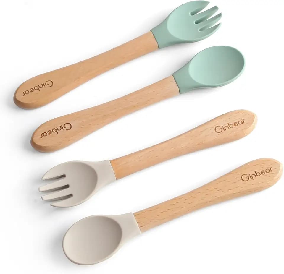 Ginbear Baby Utensils 12-18 Months 4 Piece Set (Hazy Green/Almond)