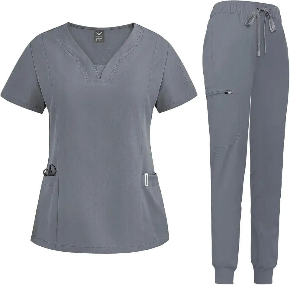 niaahinn Scrub Suit Set for Women Modern V-neck Top & Tapered Leg Jogger Pants with Drawstring Medical Nursing Uniforms Set