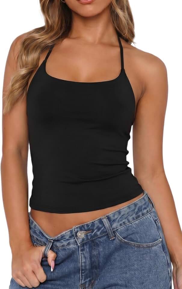 QINSEN Womens Self Tie Halter Neck Double Lined Cropped Basic Tops